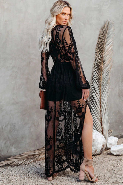 loveedsTM-V Neck Lace Patchwork Split Maxi Dress