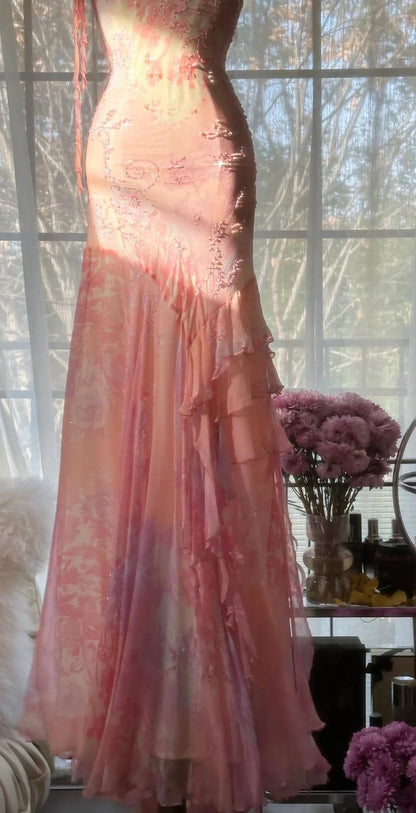 Fairytale Pink Mermaid Spaghetti Strap Beaded Ruffle Chiffon Prom Dress SH2664