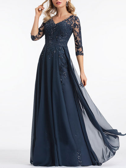 A-line V-Neck Floor-Length Lace Evening Dress