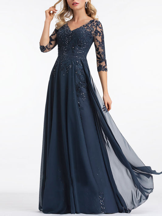 A-line V-Neck Floor-Length Lace Evening Dress