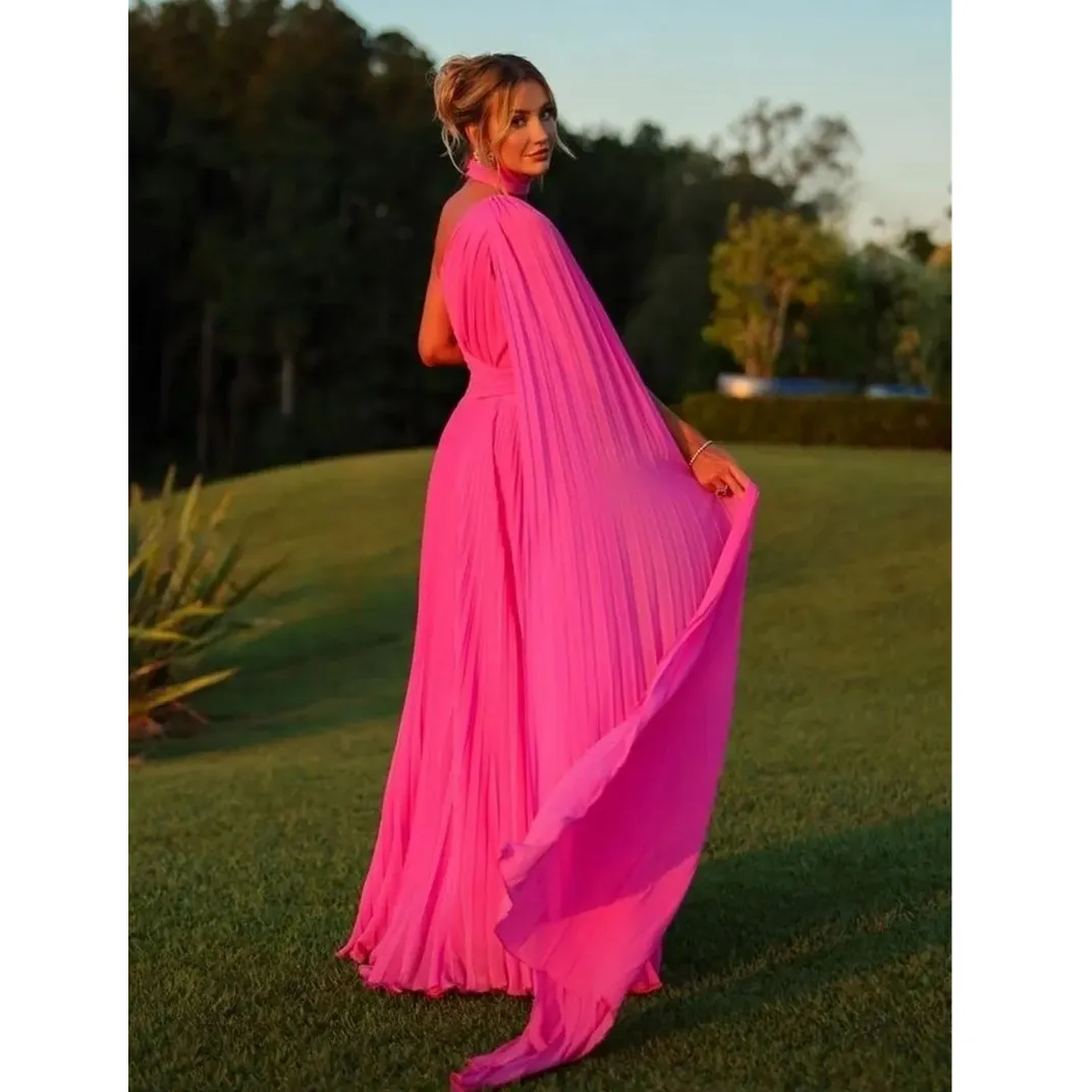 Elegant Long Chiffon Hot Pink Evening Dresses With Cape A-Line One Shoulder Prom Dress P1887