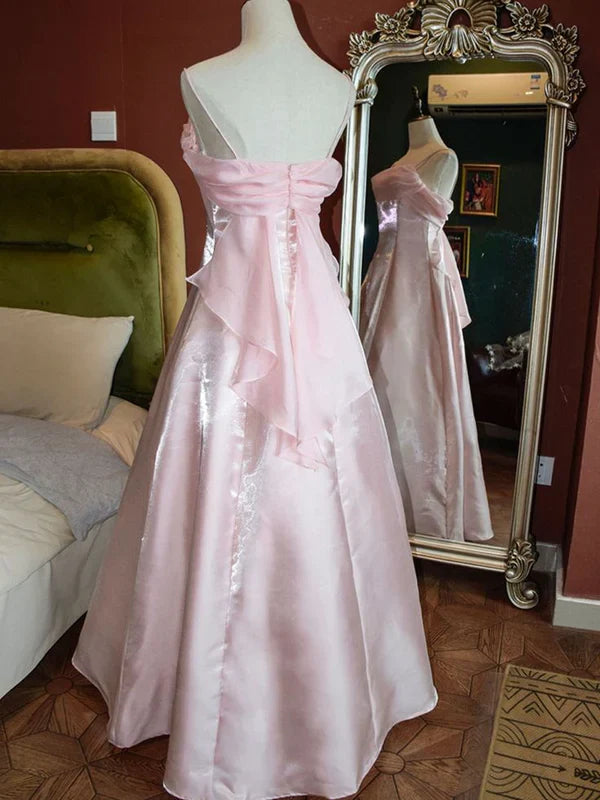 Pink Spaghetti Strap Tulle Tulle Elegant Long Satin Ball Gown Evening Dress gh3259