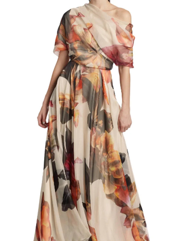 French Asymmetrical Print Chiffon Maxi Dresses Summer