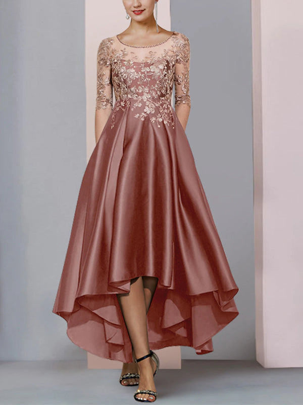 Round Neck Solid Color Lace Midi Dress