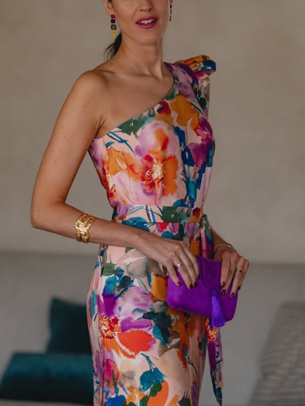 One-shoulder Chiffon Color Matching Women's Dress