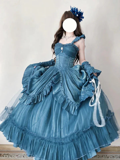 Light Blue Mysterious Vintage Fashion Elegant Long Satin Floor Length Ball Gown Evening Dress Party Dress gh4248