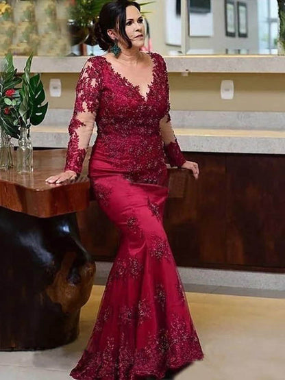 loveedsTM-2024 New Arrival Red Lace Mother of the Bride Dresses Long Sleeves Illusion Jewel Neck Mermaid Wedding Party Gowns Appliqued