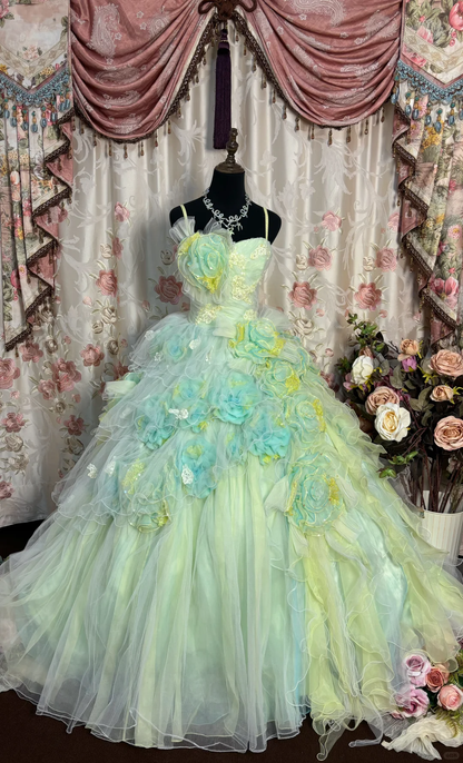 Green Ombre Ball Gown Spaghetti Strap Floral Tulle Long Prom Dress Evening Dress SH3718