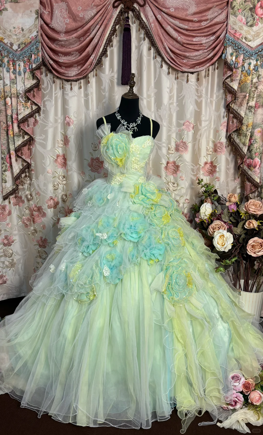Green Ombre Ball Gown Spaghetti Strap Floral Tulle Long Prom Dress Evening Dress SH3718