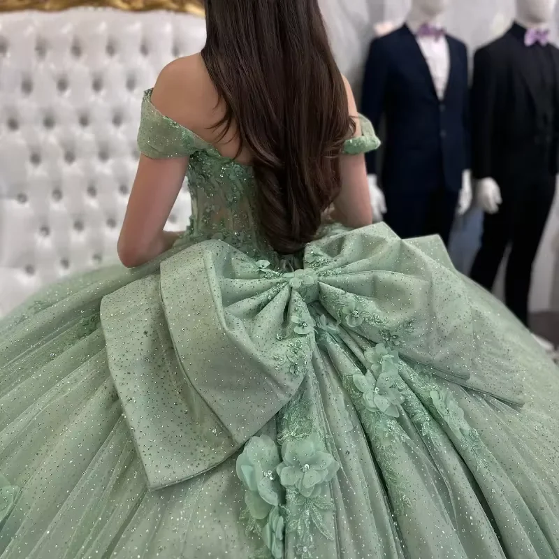 Sage Green Quinceanera Dress,Ball Gown Appliques Birthday With Bow