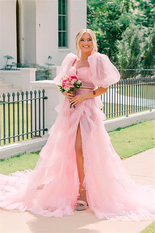 Two Pieces Pink Ruffles Long Evening Prom Dress