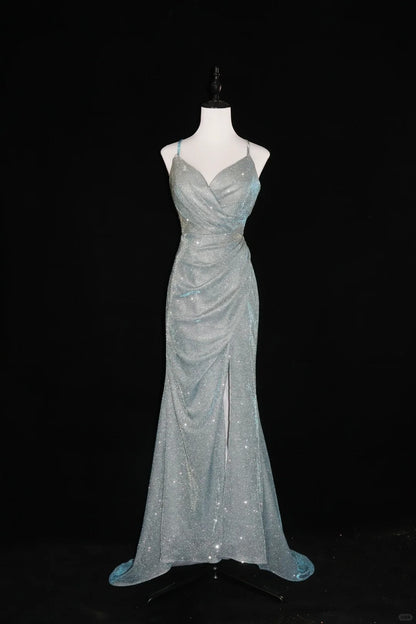 Silver Shiny Train Mermaid Slim Fit Long Satin Ball Gown Evening Dress Graduation Dress gh4545