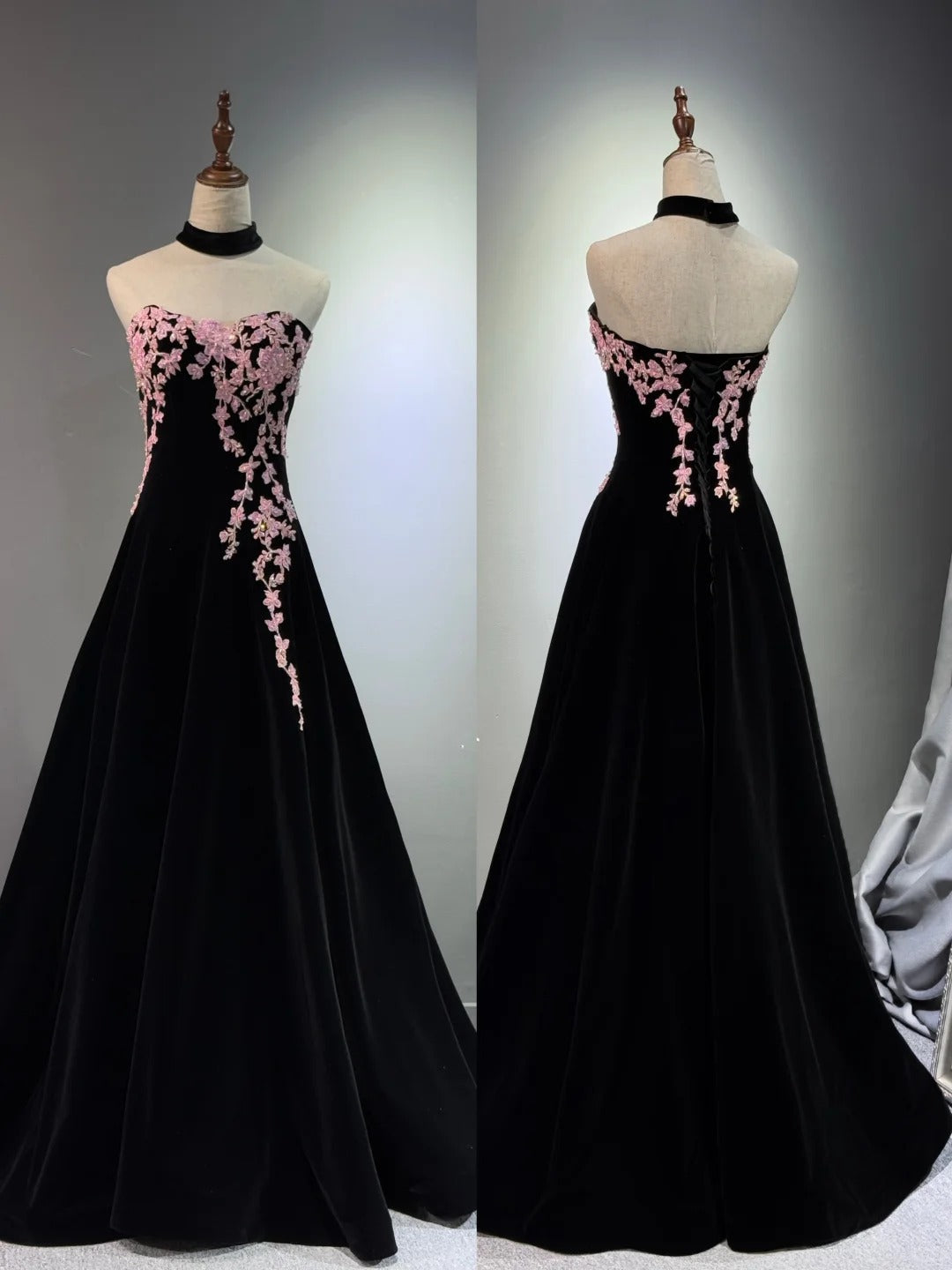 preppydressess -Black velvet floral long ball gown evening gown graduation dress gh5111