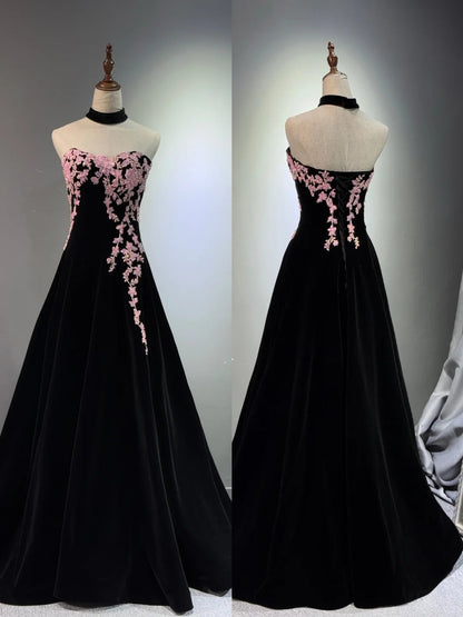 preppydressess -Black velvet floral long ball gown evening gown graduation dress gh5111