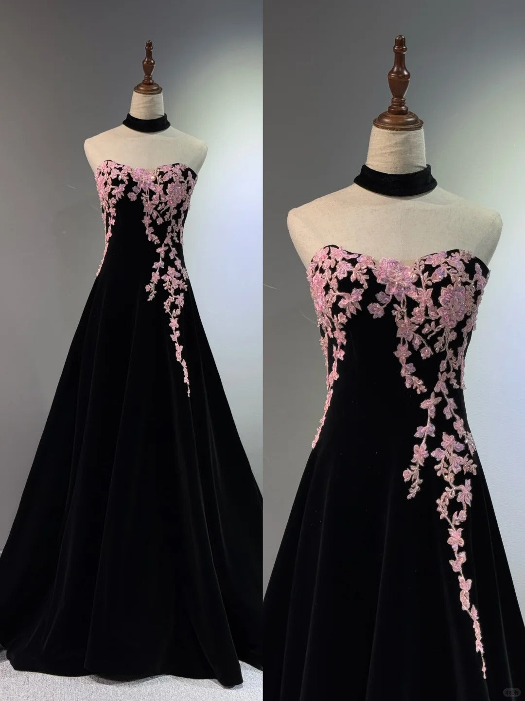 preppydressess -Black velvet floral long ball gown evening gown graduation dress gh5111