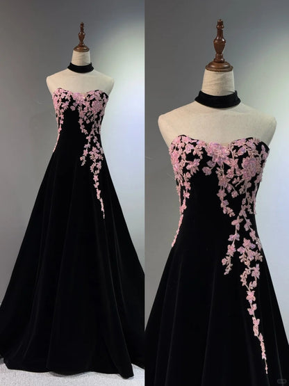 preppydressess -Black velvet floral long ball gown evening gown graduation dress gh5111