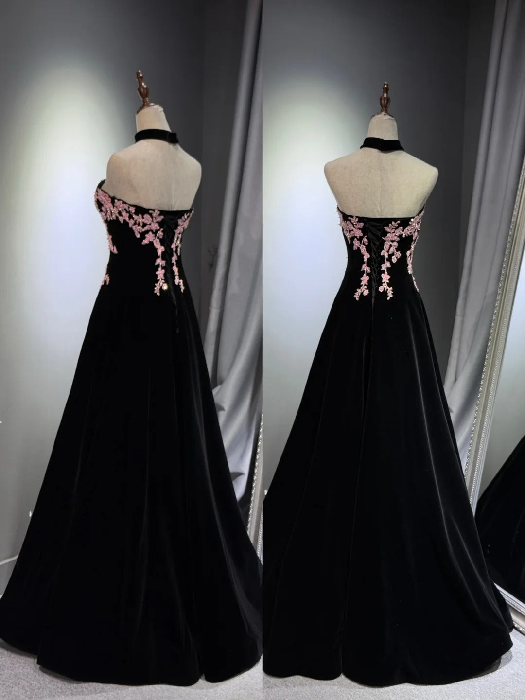preppydressess -Black velvet floral long ball gown evening gown graduation dress gh5111