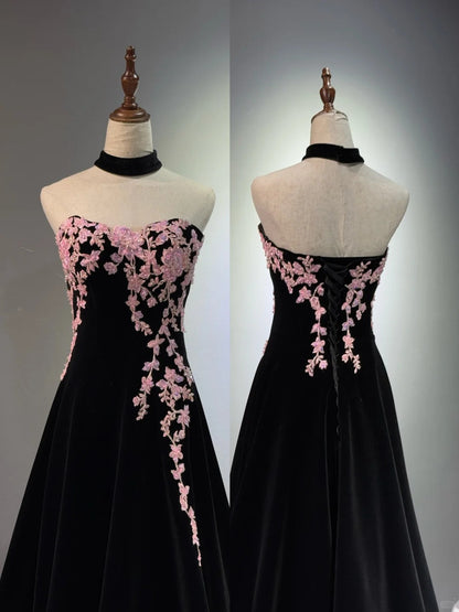 preppydressess -Black velvet floral long ball gown evening gown graduation dress gh5111