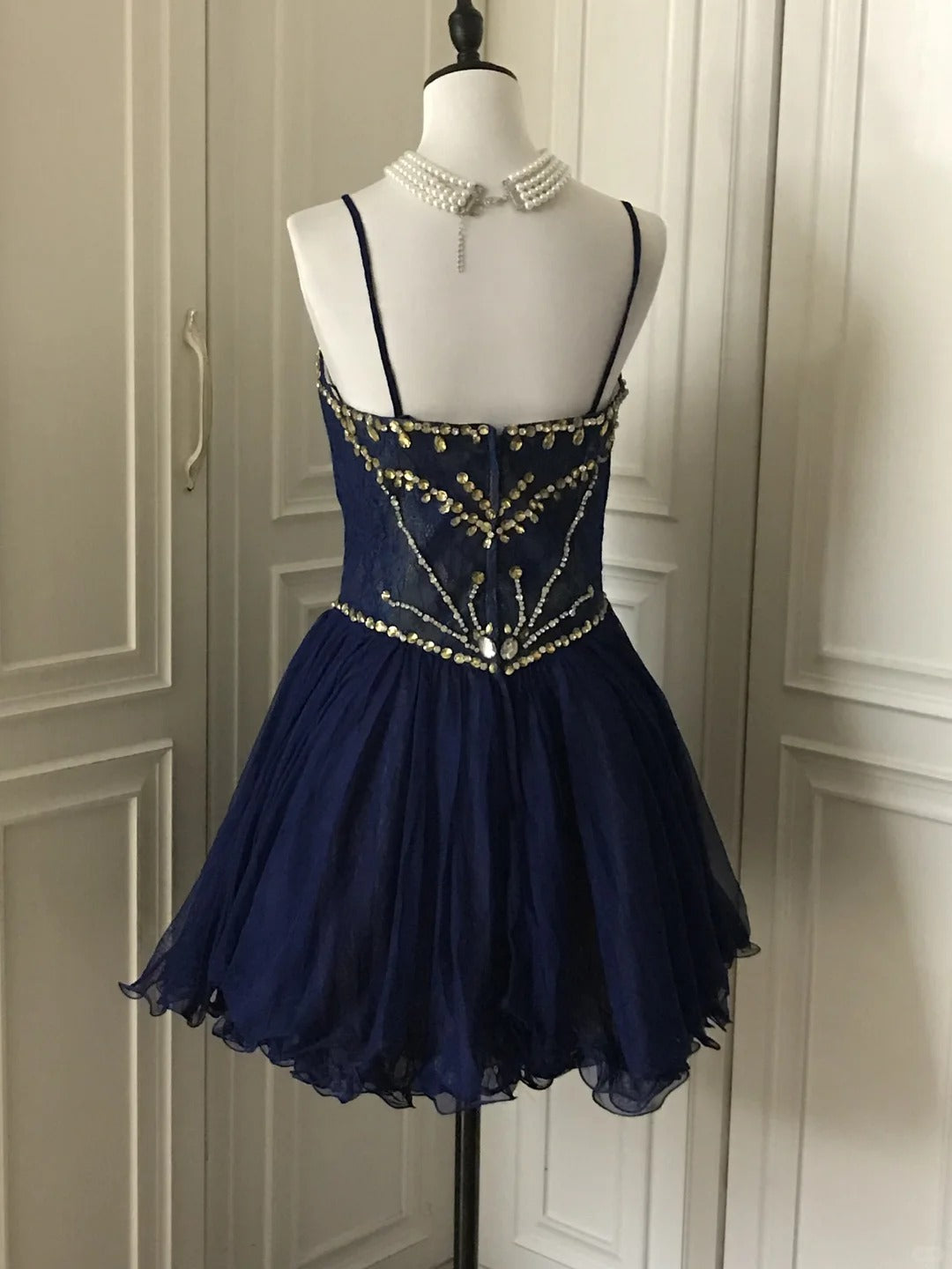 __Dark blue shiny retro princess short homecoming dress beaded tulle ball gown evening dress gh4393