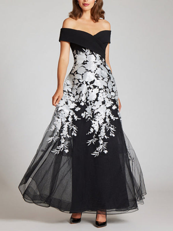 Crepe Off The Shoulder Floral Embroidered Gown