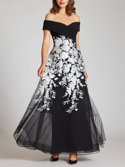 Crepe Off The Shoulder Floral Embroidered Gown