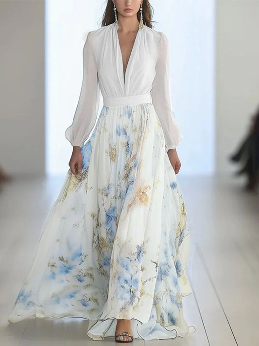 White Printed Chiffon Maxi Dress