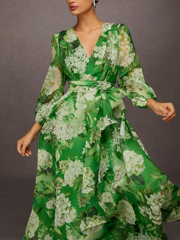 Elegant Floral Printing V-Neck Maxi Dress