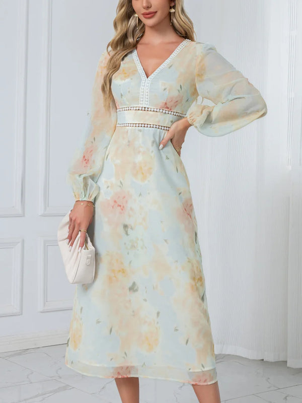 Floral Print V-Neck A-line Chiffon Midi Dress