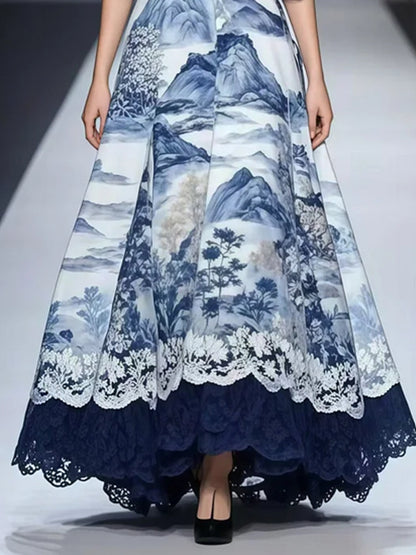 Navy Printed Oversized Hem Chiffon Dress