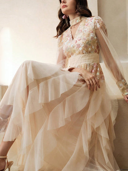 Women's Elegant Colorful Mesh Embroidered Dress