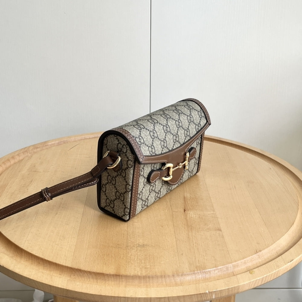 GUCCI HORSEBIT 1955 MINI BAG ‎BEIGE AND DARK BROWN GG SUPREME 18CM ‎699296 92TCG 8563