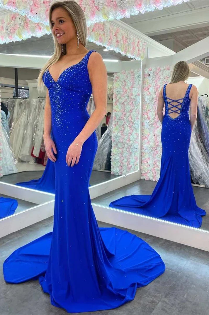 Rose Red V-neck Beading Mermaid Prom Dress with Side Slit gh2587