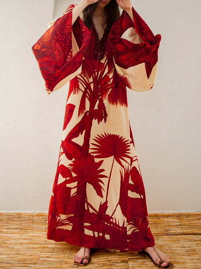 V-neck Elegant Plant Print Holiday Women's Dress