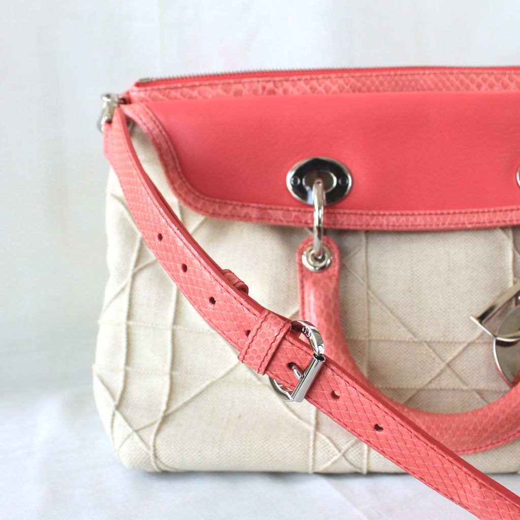 Christian Dior beige canvas with pink python leather trim,