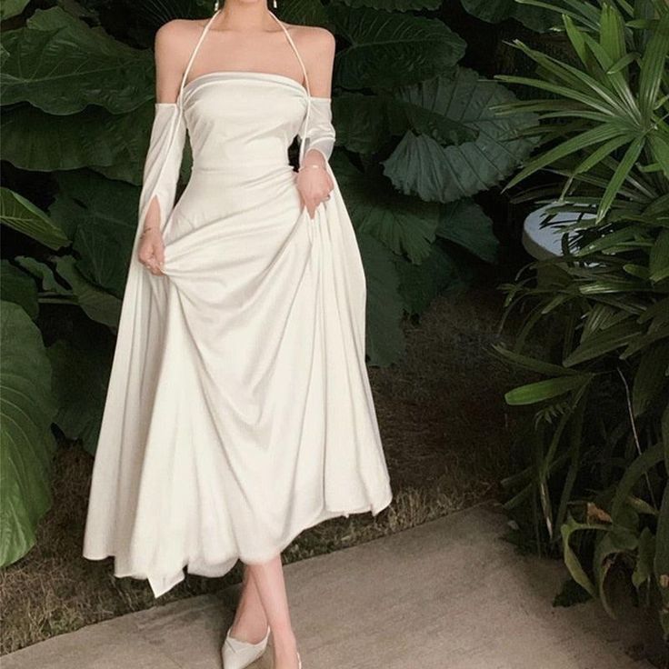 White Simple Clean A Line Halter Long Sleeve Satin Long Prom Dress Evening Dress SH3455