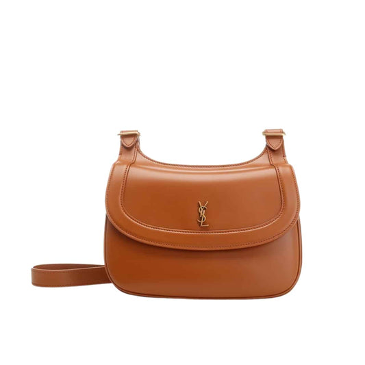 SAINT LAURENT CHARLIE LOGO PLAQUE MEDIUM SHOULDER BAG BROWN 21CM