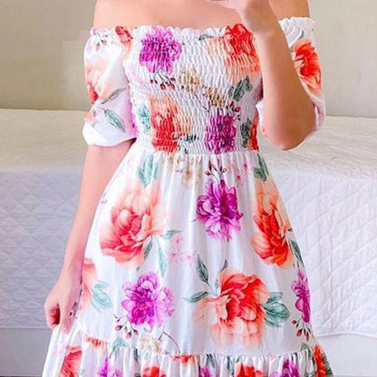 loveedsTM-Sexy Off The Shoulder Tube Top Dress Butterfly Rainbow Floral Print Dress Ladies Elegant Slim Summer Bohemian Party Maxi Dresses