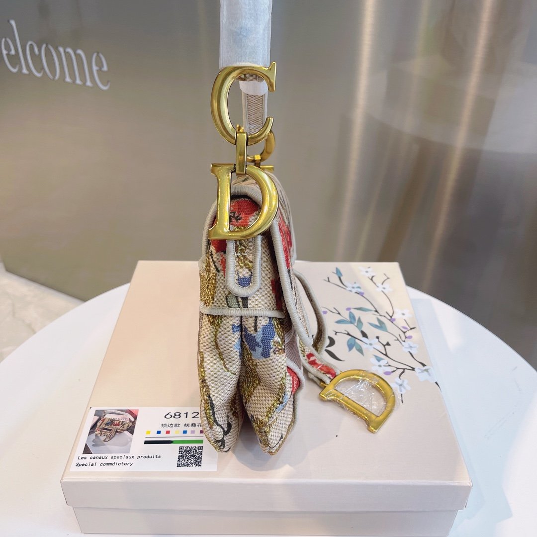 CHRISTIAN DIOR SADDLE BAG EMBROIDERED CANVAS HANDBAG IVORY