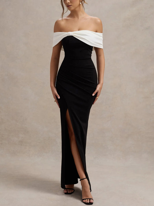 One Shoulder Color Matching Temperament Slit Women's Dress