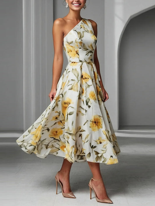 Temperament One-shoulder Printed Women's Dress