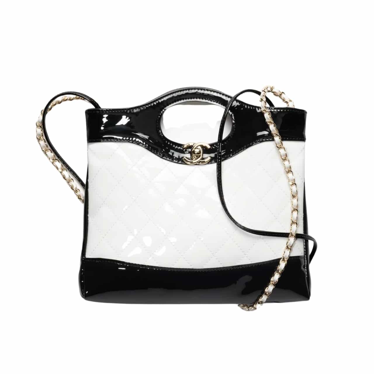 CHANEL 31 MINI SHOPPING BAG PATENT GOLD TONE METAL 23CM