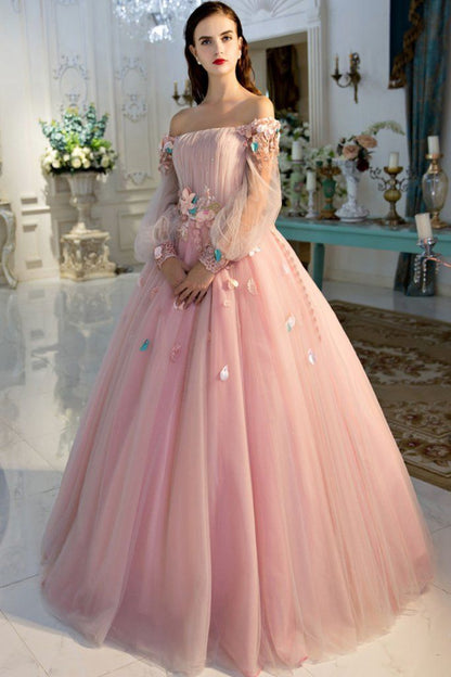 Pink delicate floral applique fairy long sleeves long tulle ball gown evening dress gh2279