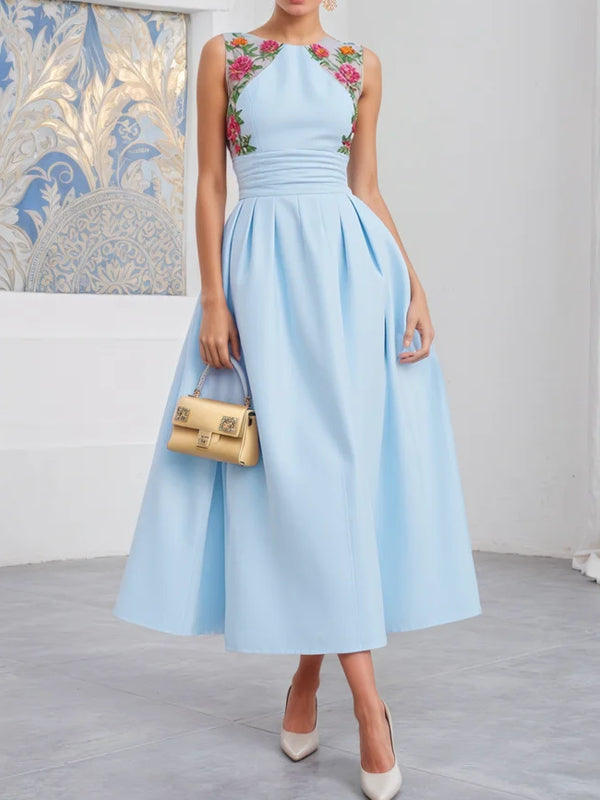 Light Blue Lace Ruched Classic Crew Neck Sleeveless A-Line Midi Dress