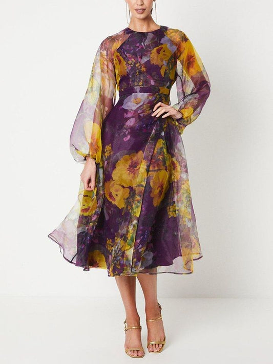 Organza Wrap Waist Puff Sleeve Midi Dress