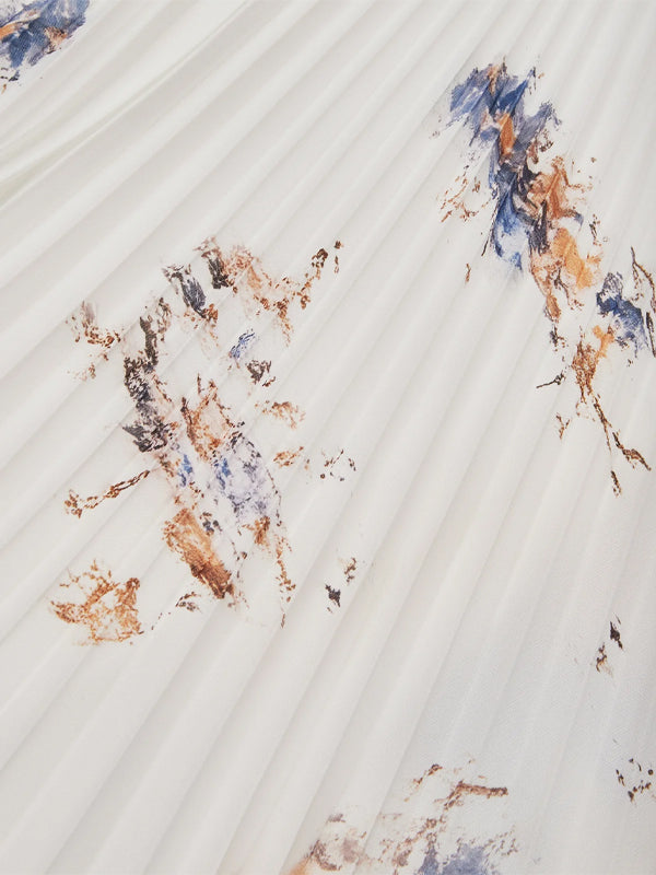 White Pleated Printing Chiffon V Neck Sleeveless A-Line Maxi Dress