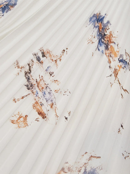 White Pleated Printing Chiffon V Neck Sleeveless A-Line Maxi Dress