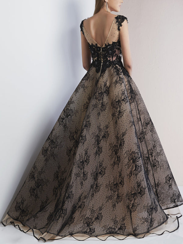 V-neck Lace Sleeveless Solid Color Maxi Dress