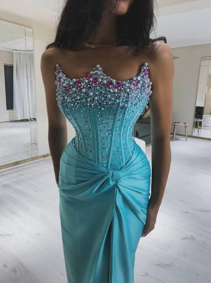 Gorgeous Sheath Strapless Pearl Beaded Blue Satin Prom Dress Evening Dress with Slit SH2275