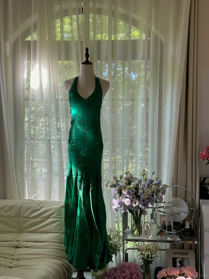 Green Gorgeous Shiny Fashion Elegant Delicate Lace Beading Long Satin Chiffon Fairy Ball Gown Evening Dress Birthday/Wedding Guest/Holiday Party Dress Prom Dress Valentine's Day Date Dress gh4037