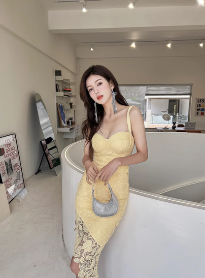 Gentle Yellow Sheath Spaghetti Strap Lace Short Homecoming Dress Cocktail Dress SH3578